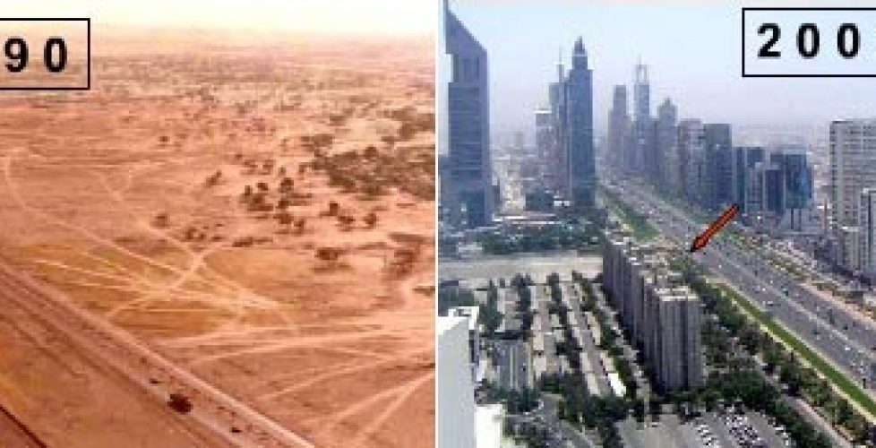 A picture of Dubai from 1990 showing no tall buildings and another taken at the same spot in 2003 with skyscrapers everywhere