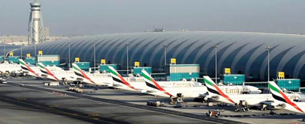 Dubai airport showing planes from Emirates airline