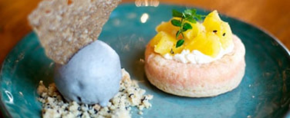 Pink and blue rice cake on a blue plate