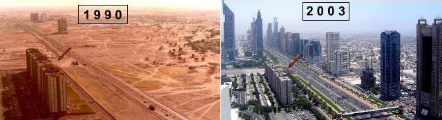 A picture of Dubai from 1990 showing no tall buildings and another taken at the same spot in 2003 with skyscrapers everywhere