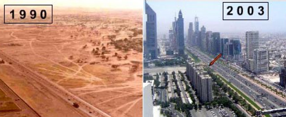 A picture of Dubai from 1990 showing no tall buildings and another taken at the same spot in 2003 with skyscrapers everywhere